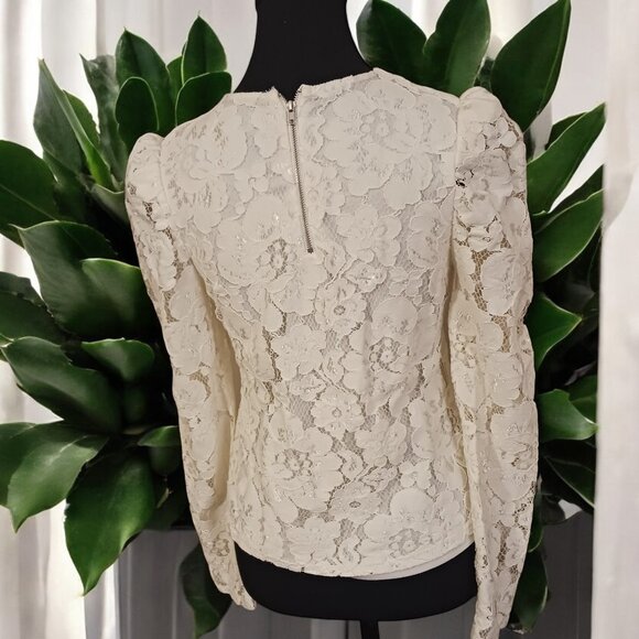 WAYF Ivory Lace Blouse – Puff Shoulders, Sheer Long Sleeves, Back Zip, S… - Picture 4 of 10